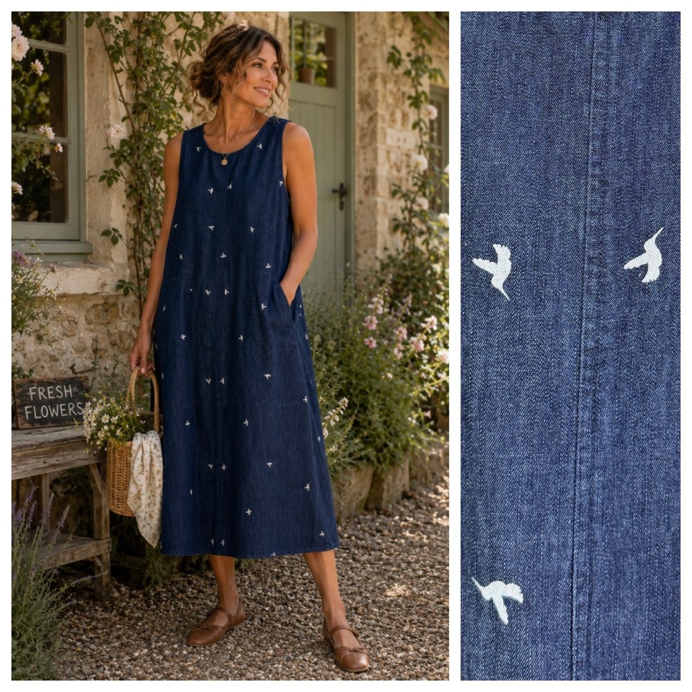 Chambray Dark Denim Hummingbird Novelty Midi Dress L Sleeveless Pockets Cotton - Picture 1 of 9